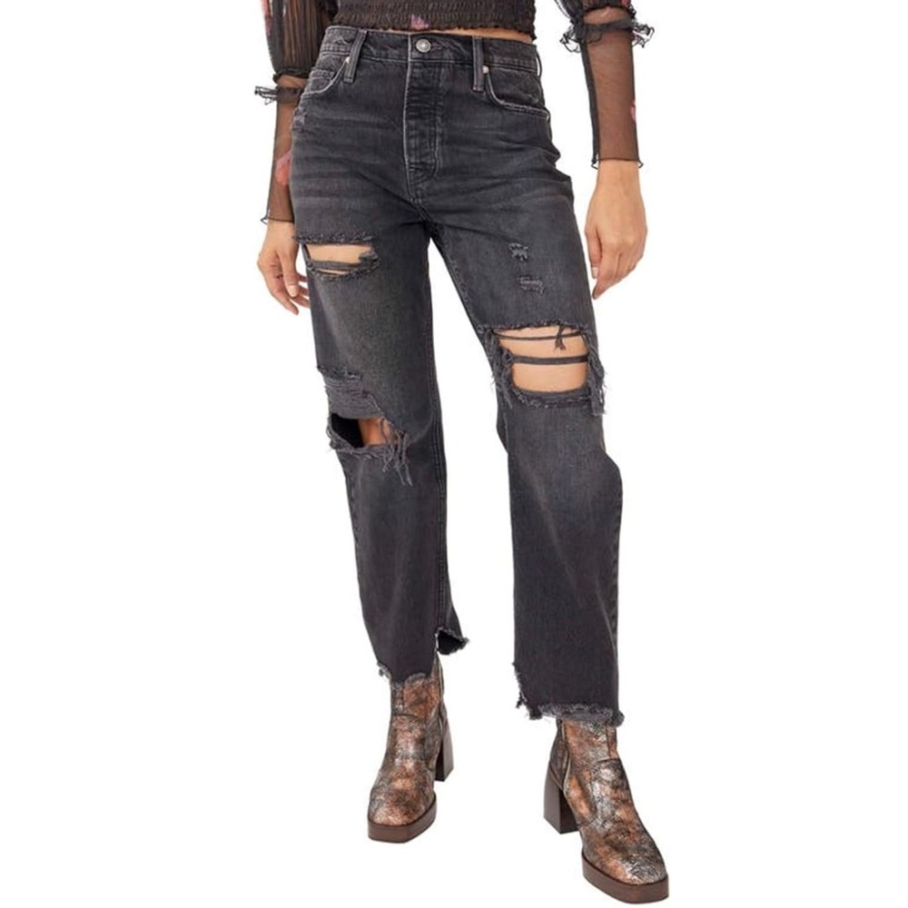 Free‎ People Black Denim Jeans Distressed Ripped NWT High Waisted Boyfriend 24